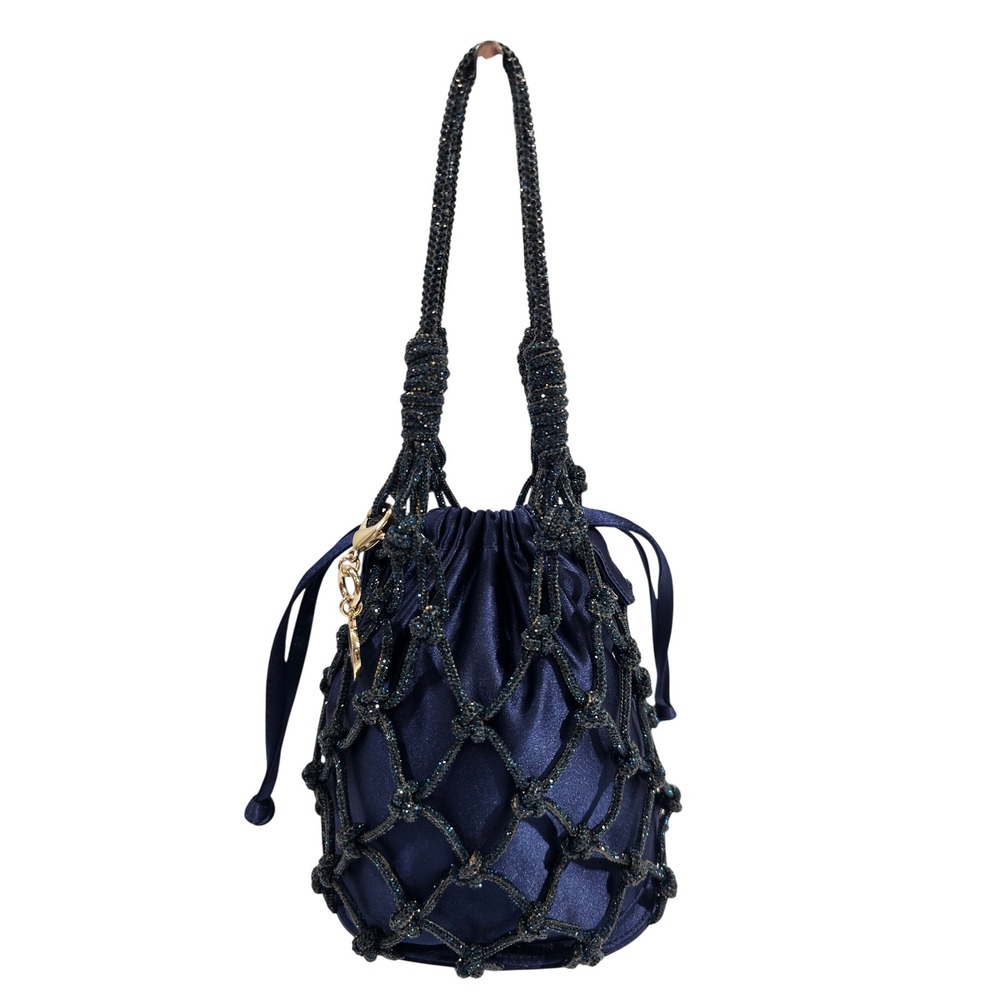 Judith Leiber Couture Sparkle Net Pouch Bag Bucket Navy Satin Mesh Evening EUC